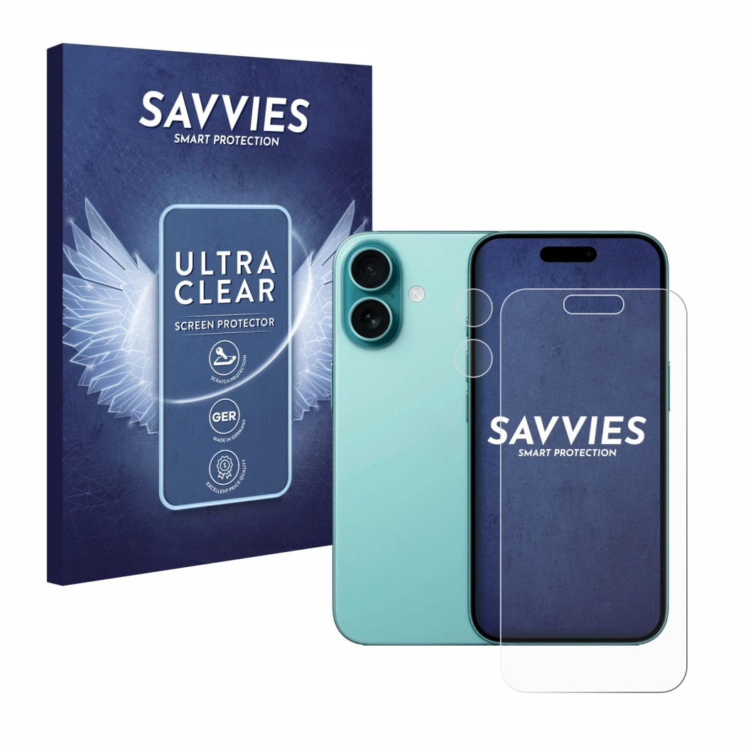 Parte frontal de un envase de producto con el logotipo de la marca Savvies. Al lado se muestra el dispositivo Apple iPhone 16 