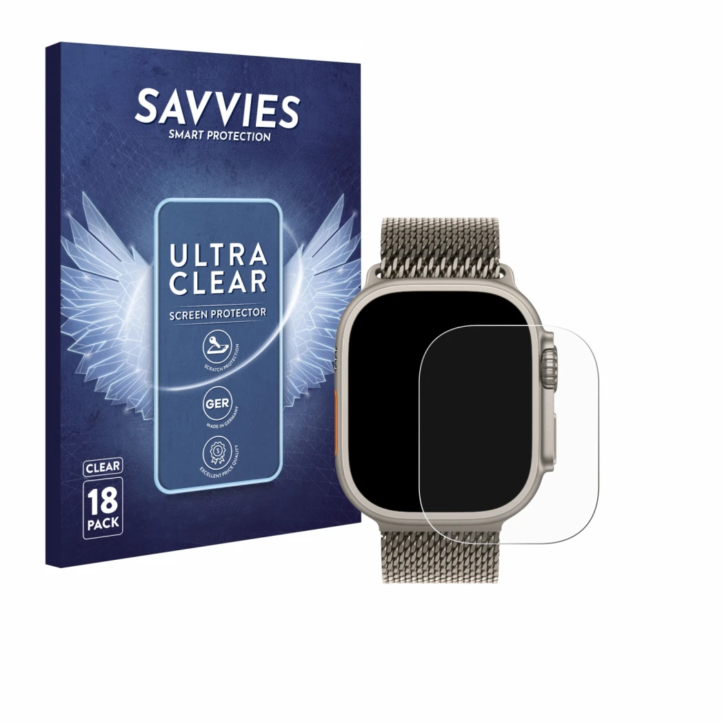 Parte frontal de un envase de producto con el logotipo de la marca Savvies. Al lado se muestra el dispositivo Apple Watch Ultr