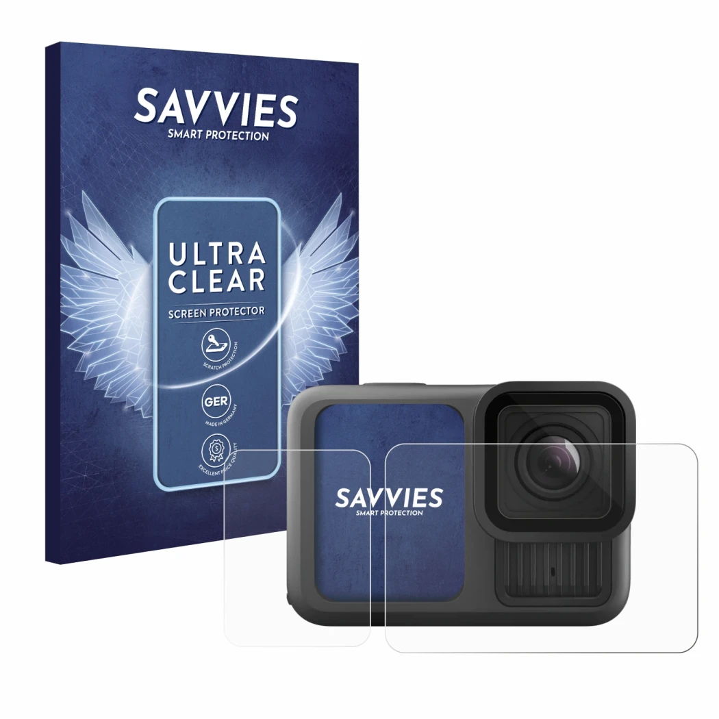 Parte frontal de un envase de producto con el logotipo de la marca Savvies. Al lado se muestra el dispositivo GoPro Hero 13 Bl