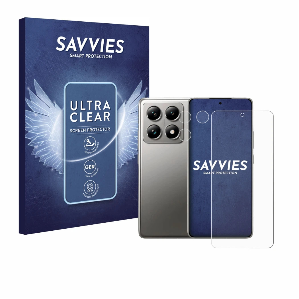 Parte frontal de un envase de producto con el logotipo de la marca Savvies. Al lado se muestra el dispositivo Xiaomi 14T Pro (