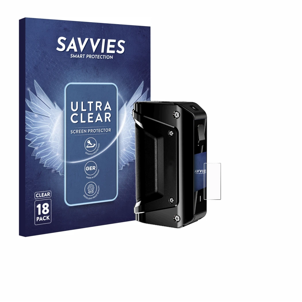 Parte frontal de un envase de producto con el logotipo de la marca Savvies. Al lado se muestra el dispositivo geekvape Aegis 3