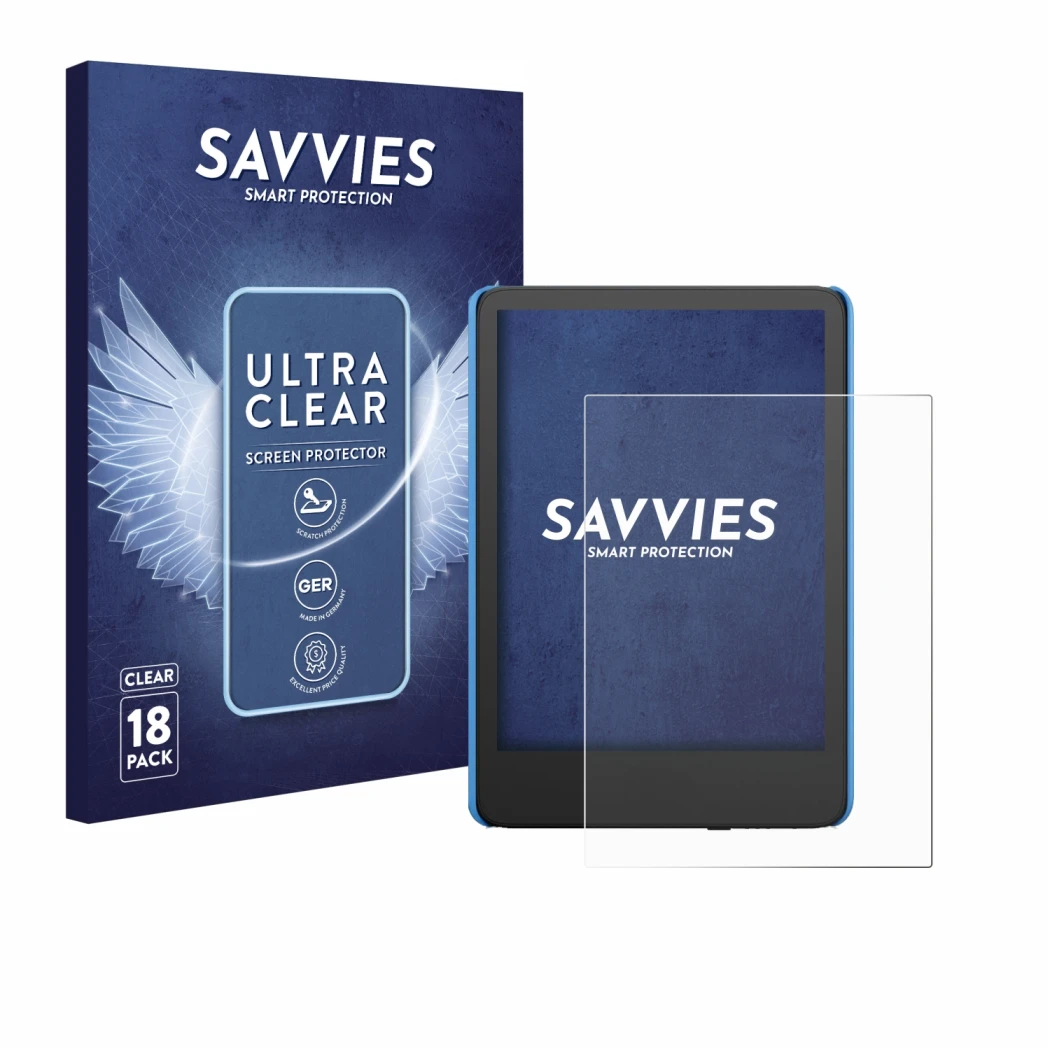 Parte frontal de un envase de producto con el logotipo de la marca Savvies. Al lado se muestra el dispositivo Amazon Kindle Ki
