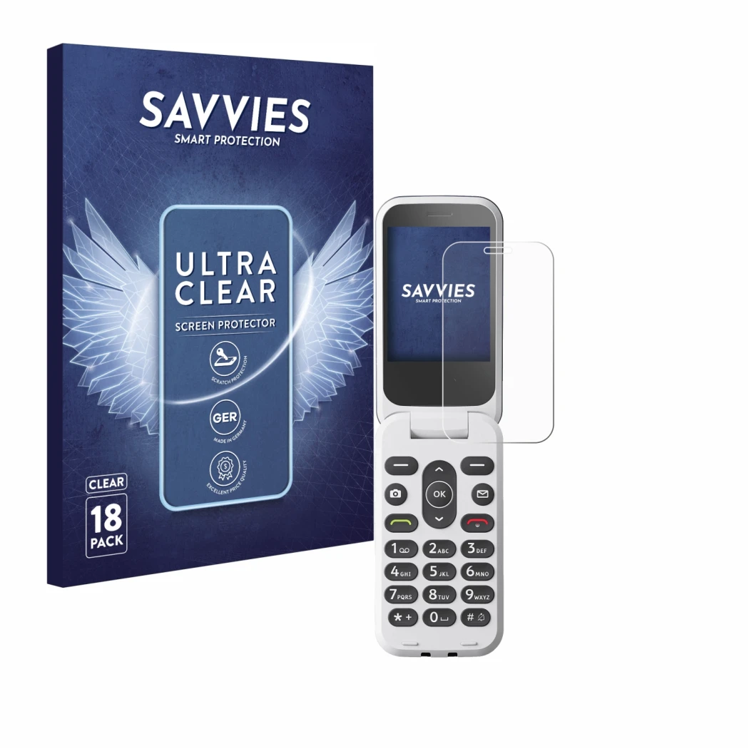 Parte frontal de un envase de producto con el logotipo de la marca Savvies. Al lado se muestra el dispositivo Doro 2820 con su