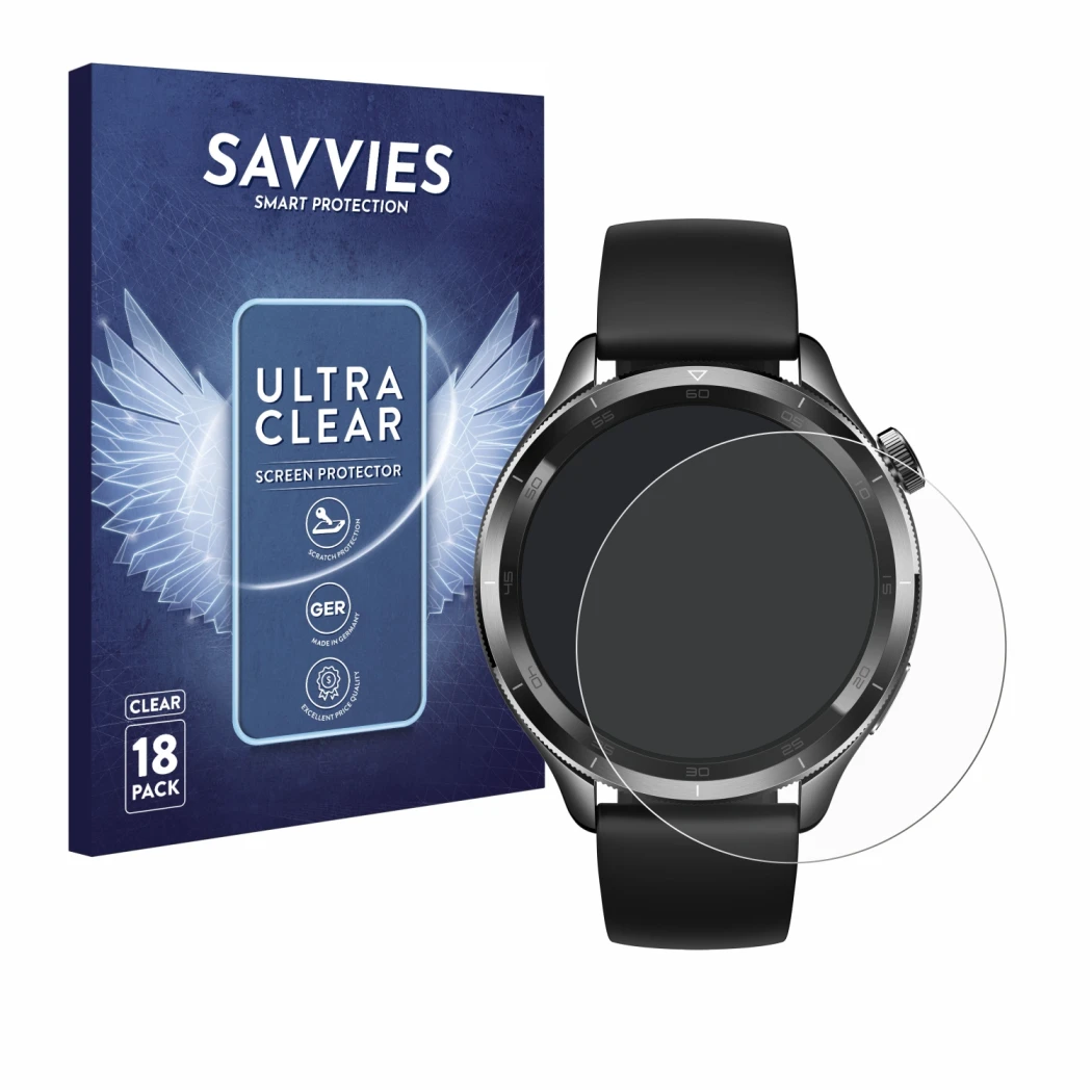 Parte frontal de un envase de producto con el logotipo de la marca Savvies. Al lado se muestra el dispositivo Xiaomi Watch S4 