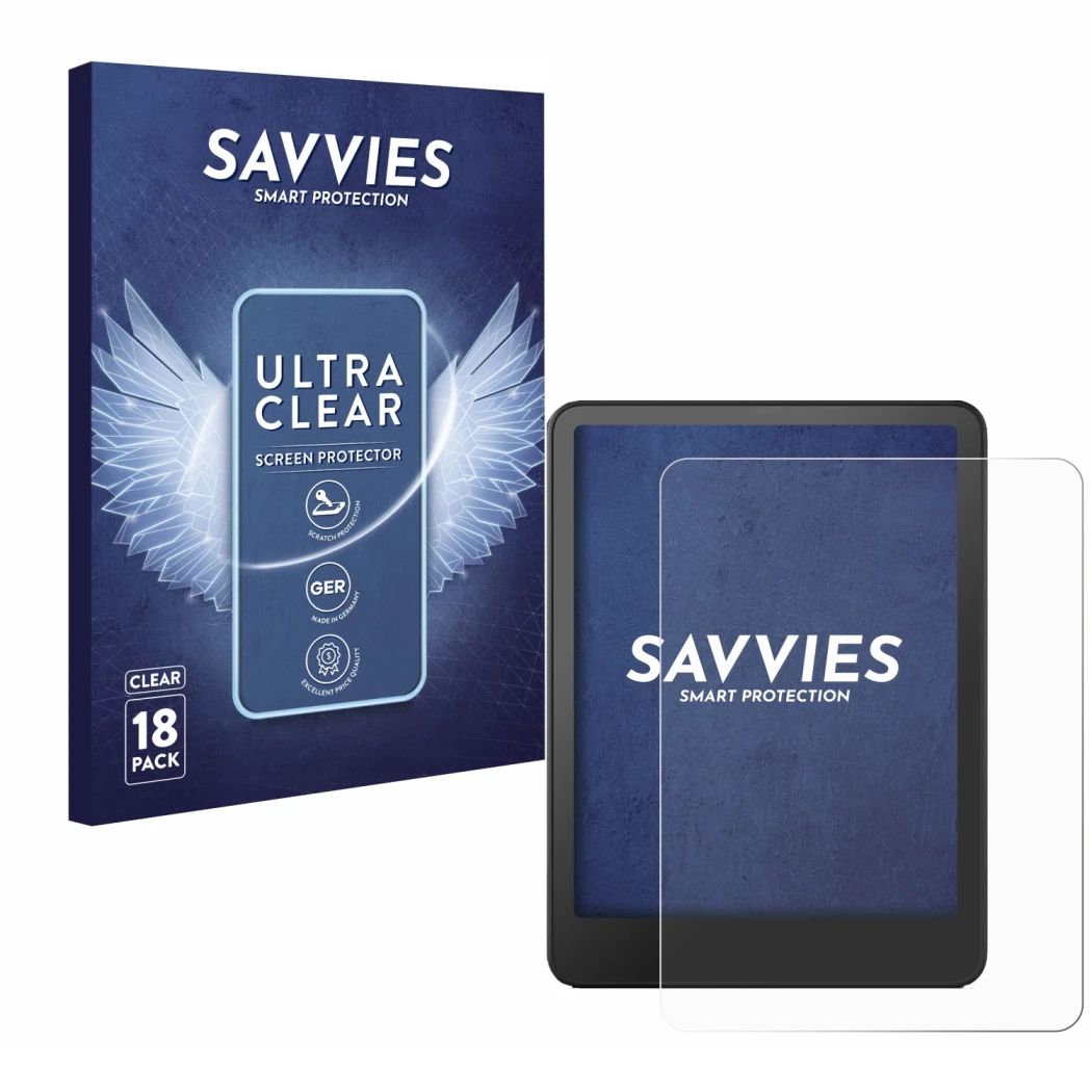 Parte frontal de un envase de producto con el logotipo de la marca Savvies. Al lado se muestra el dispositivo Amazon Kindle Pa