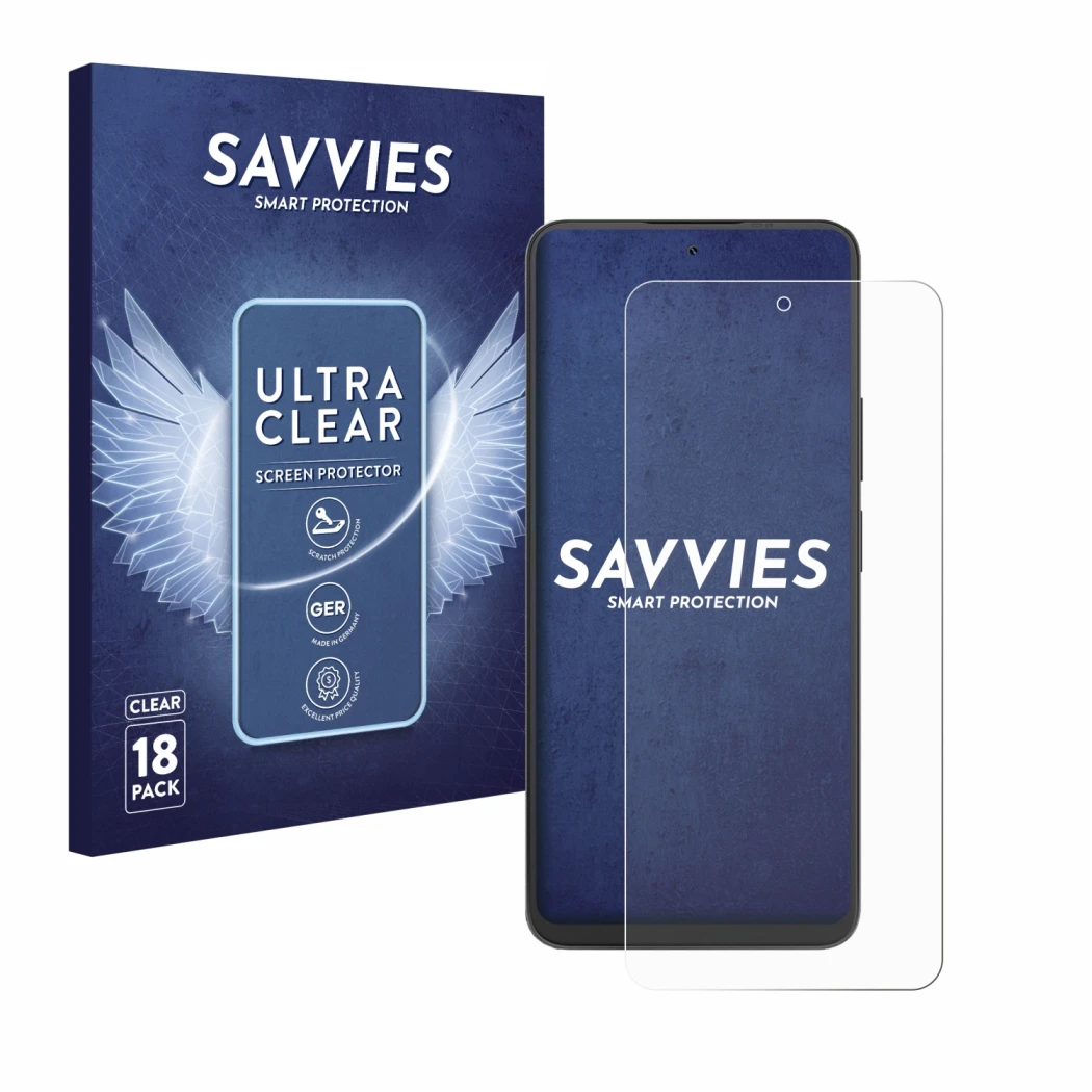 Parte frontal de un envase de producto con el logotipo de la marca Savvies. Al lado se muestra el dispositivo Blackview Shark 