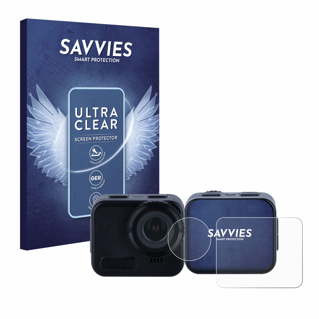 Parte frontal de un envase de producto con el logotipo de la marca Savvies. Al lado se muestra el dispositivo Rollei 9s Cube c