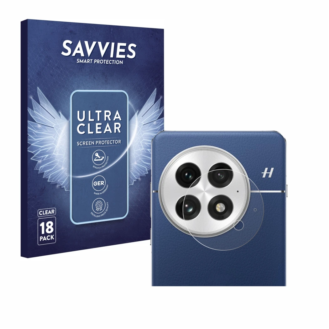 Parte frontal de un envase de producto con el logotipo de la marca Savvies. Al lado se muestra el dispositivo OnePlus 13 (SÓLO