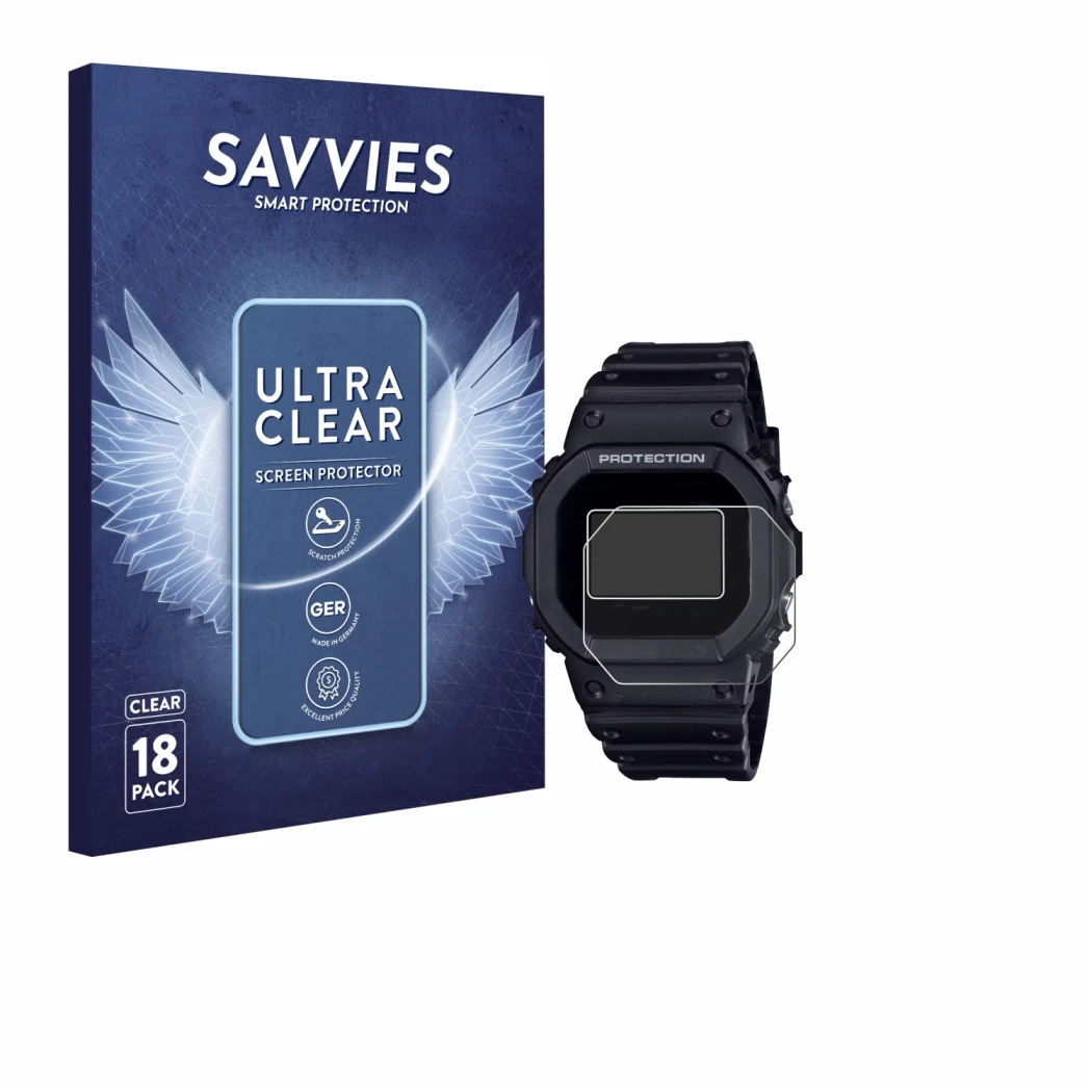 Parte frontal de un envase de producto con el logotipo de la marca Savvies. Al lado se muestra el dispositivo Casio G-Shock DW
