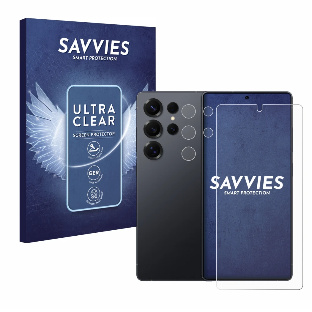 Parte frontal de un envase de producto con el logotipo de la marca Savvies. Al lado se muestra el dispositivo Samsung Galaxy S