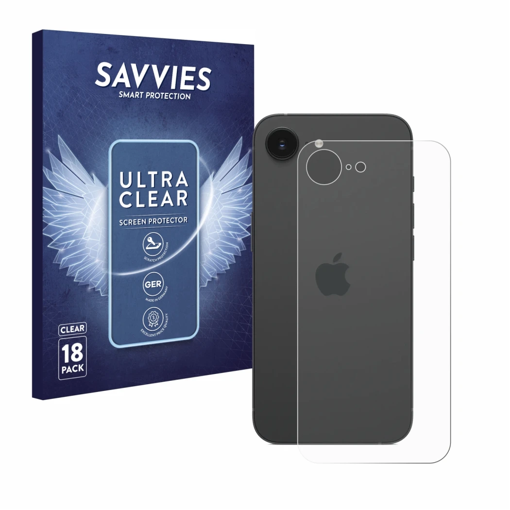 Parte frontal de un envase de producto con el logotipo de la marca Savvies. Al lado se muestra el dispositivo Apple iPhone 16e