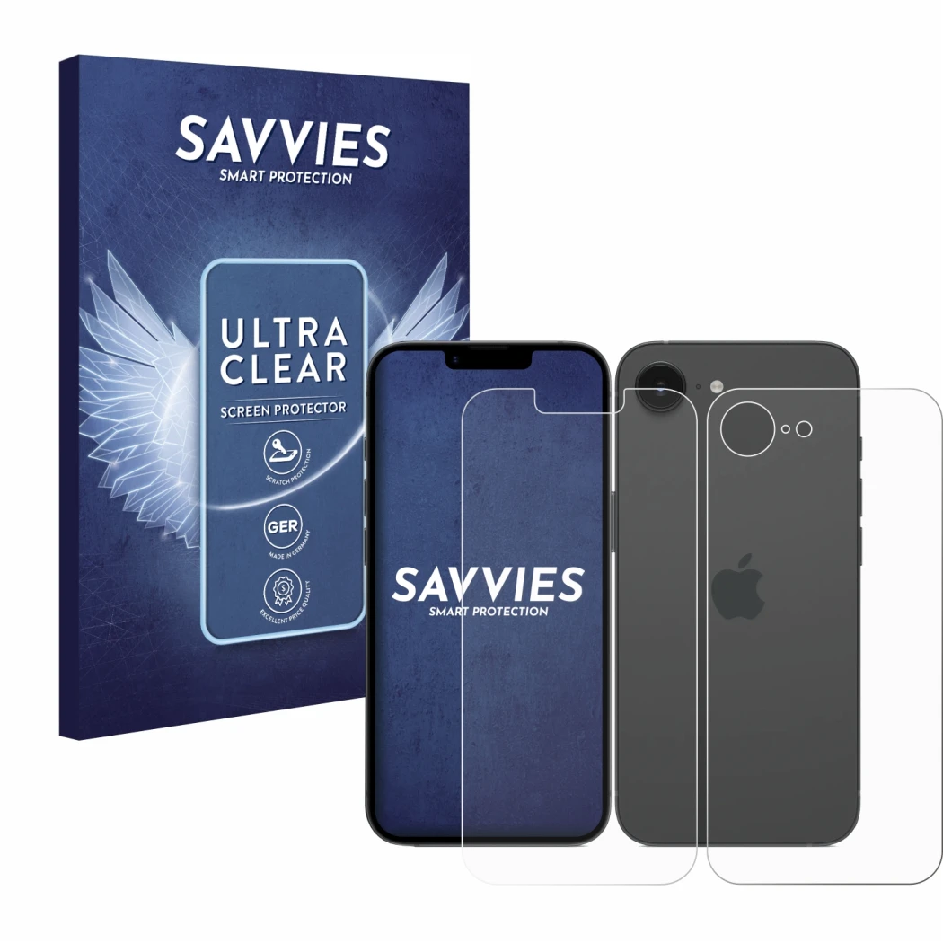 Parte frontal de un envase de producto con el logotipo de la marca Savvies. Al lado se muestra el dispositivo Apple iPhone 16e