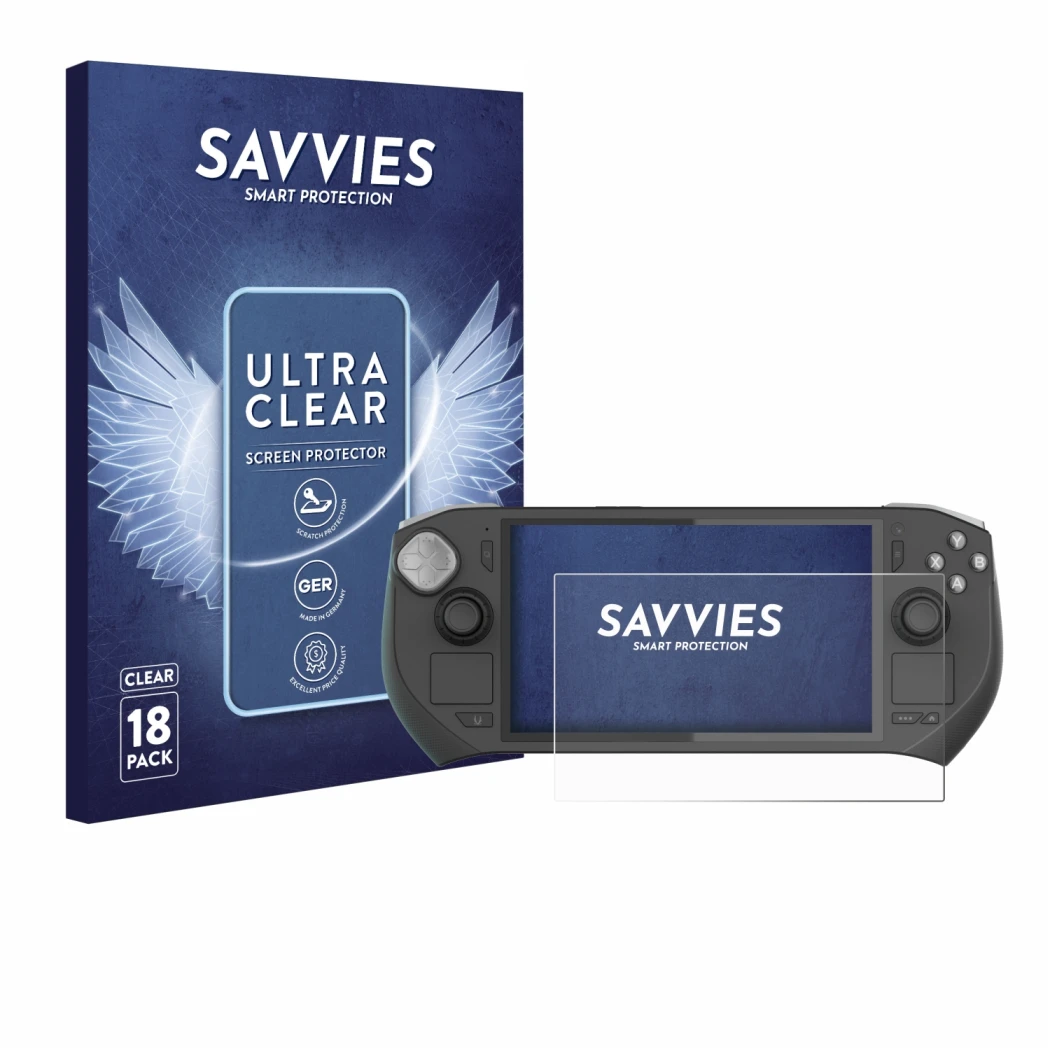 Parte frontal de un envase de producto con el logotipo de la marca Savvies. Al lado se muestra el dispositivo Zotac Gaming Zon