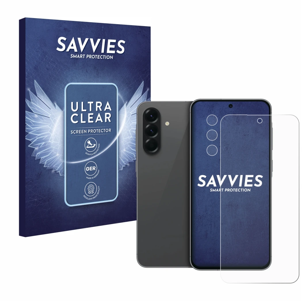 Parte frontal de un envase de producto con el logotipo de la marca Savvies. Al lado se muestra el dispositivo Samsung Galaxy A