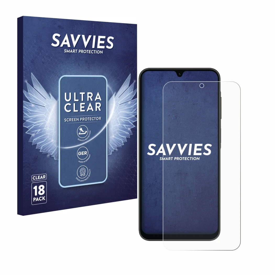 Parte frontal de un envase de producto con el logotipo de la marca Savvies. Al lado se muestra el dispositivo Samsung Galaxy A