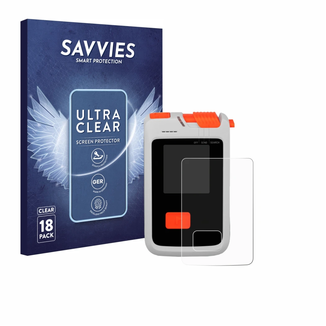 Parte frontal de un envase de producto con el logotipo de la marca Savvies. Al lado se muestra el dispositivo Mammut Barryvox 