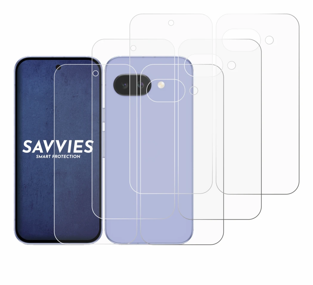 Imagen del dispositivo Google Pixel 9a (Frontal+Trasero) con una amplia variedad de protectores de pantalla.