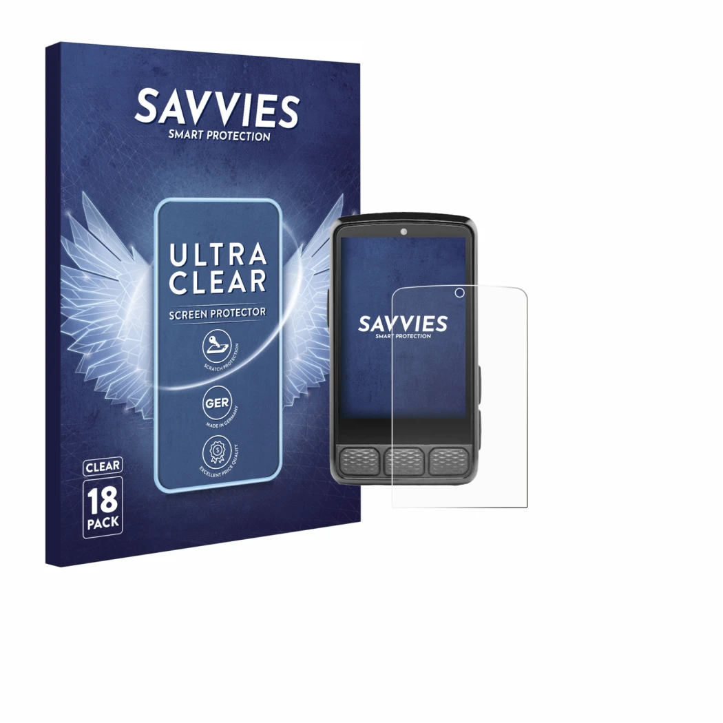 Parte frontal de un envase de producto con el logotipo de la marca Savvies. Al lado se muestra el dispositivo Wahoo Elemnt Roa