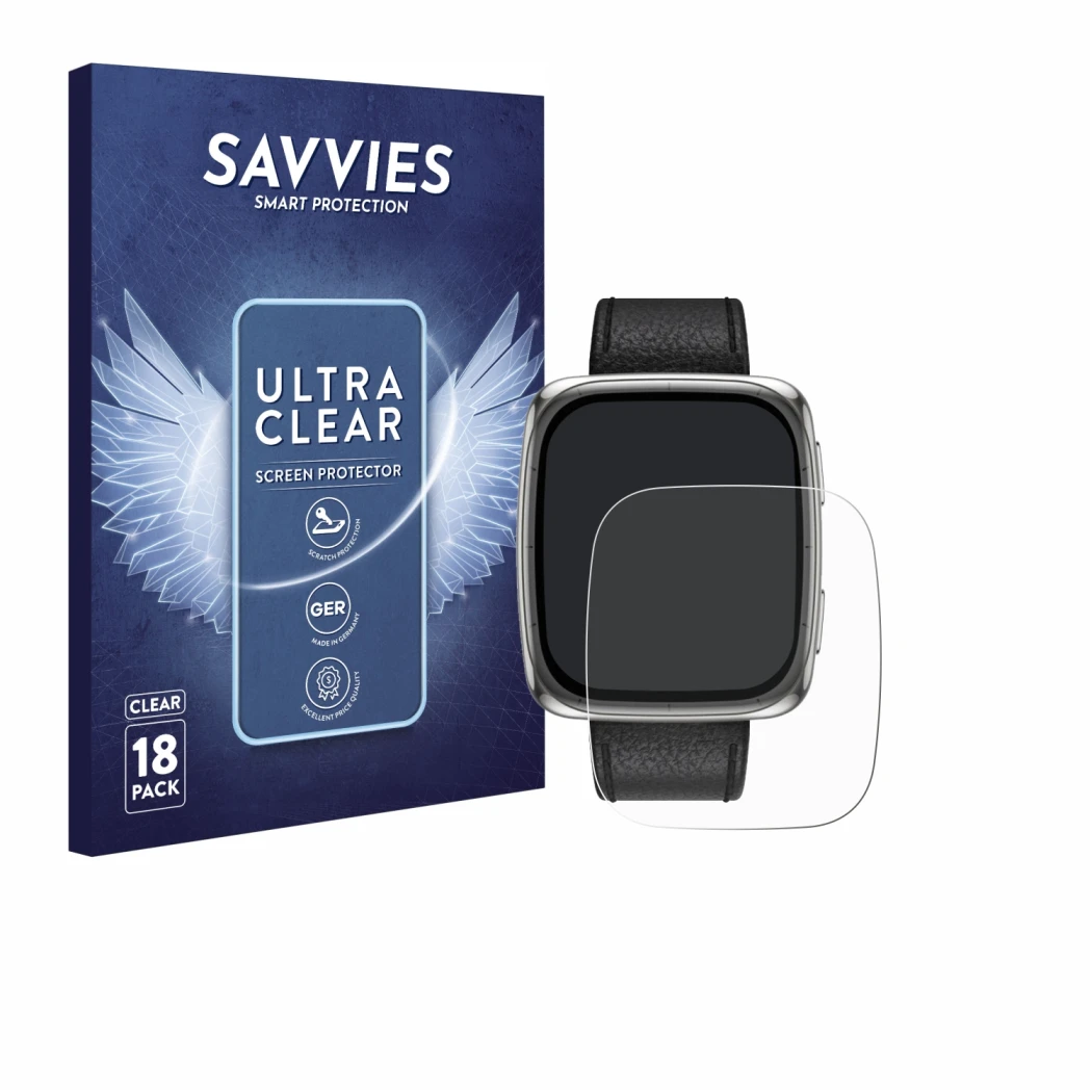 Parte frontal de un envase de producto con el logotipo de la marca Savvies. Al lado se muestra el dispositivo Amazfit Active 2
