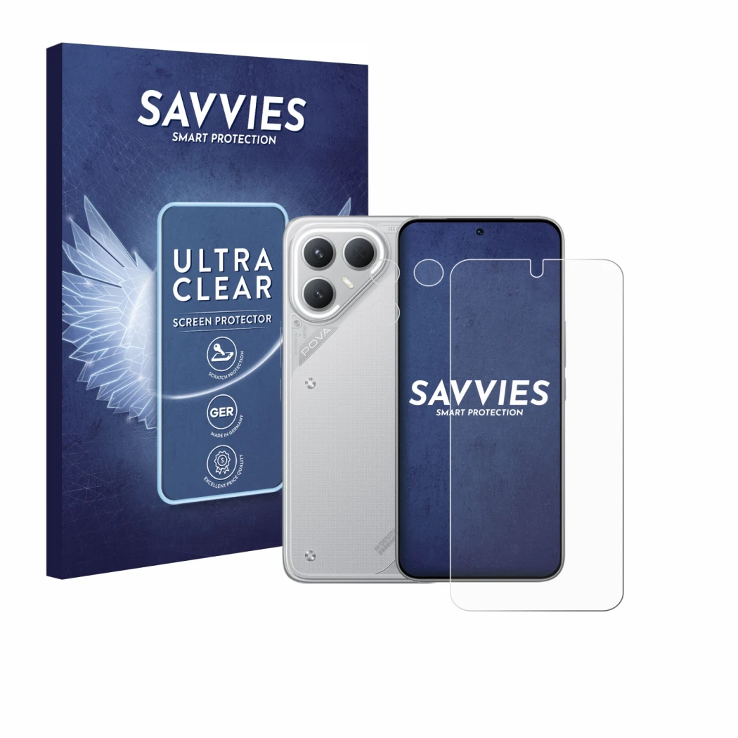 Parte frontal de un envase de producto con el logotipo de la marca Savvies. Al lado se muestra el dispositivo Tecno Pova 7 Pro