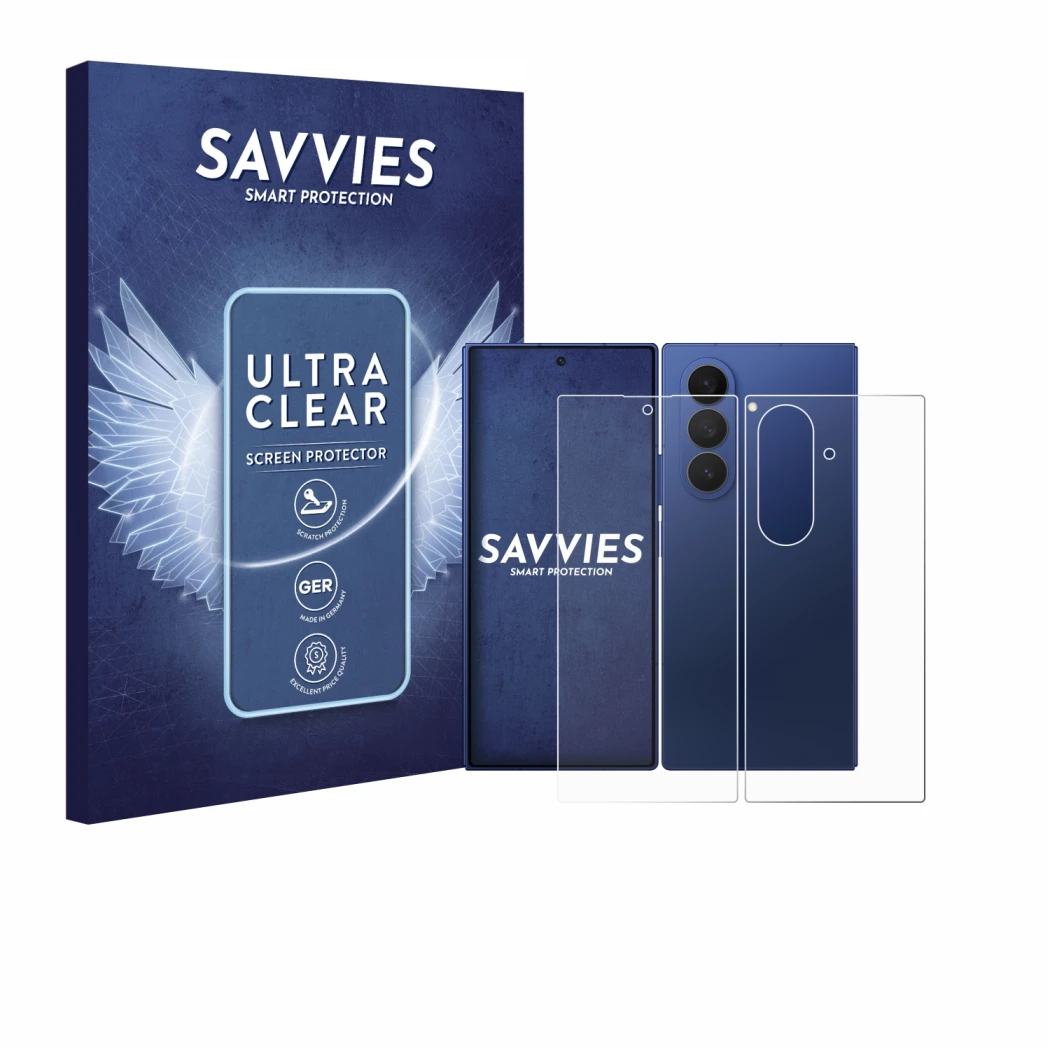 Parte frontal de un envase de producto con el logotipo de la marca Savvies. Al lado se muestra el dispositivo Samsung Galaxy Z