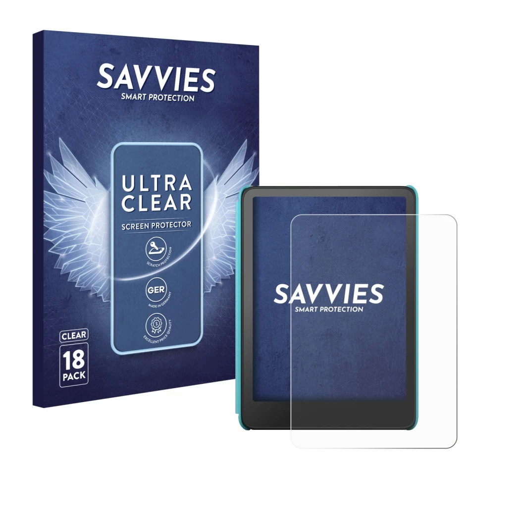 Parte frontal de un envase de producto con el logotipo de la marca Savvies. Al lado se muestra el dispositivo Amazon Kindle Co