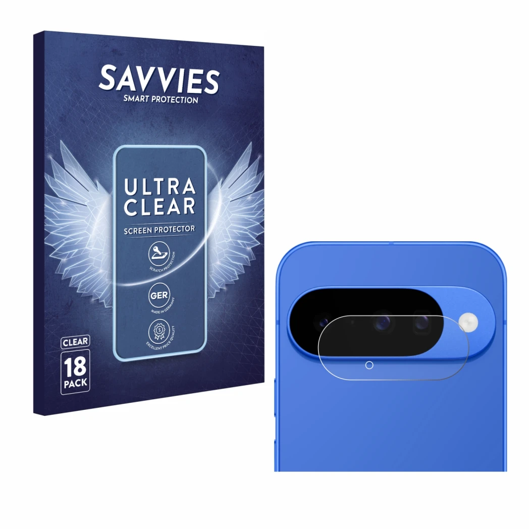 Parte frontal de un envase de producto con el logotipo de la marca Savvies. Al lado se muestra el dispositivo Google Pixel 10 