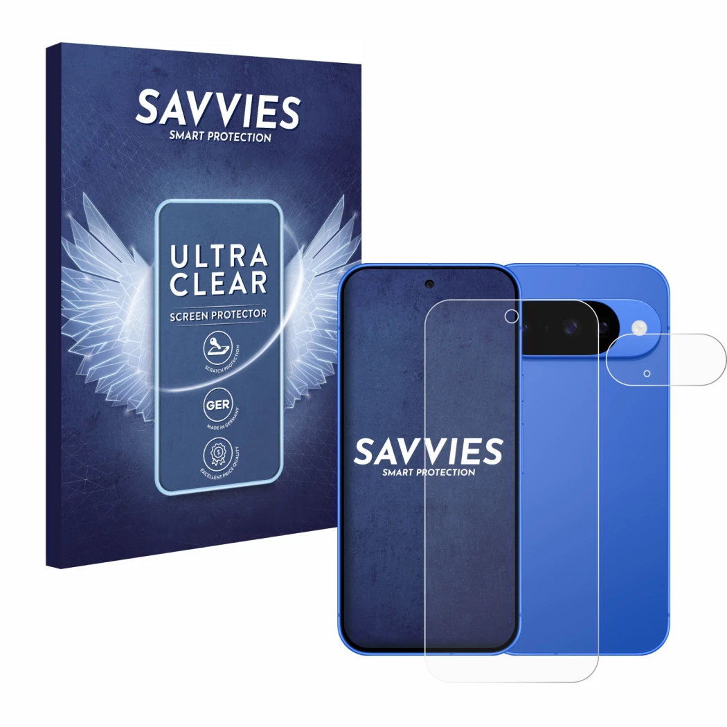 Parte frontal de un envase de producto con el logotipo de la marca Savvies. Al lado se muestra el dispositivo Google Pixel 10 