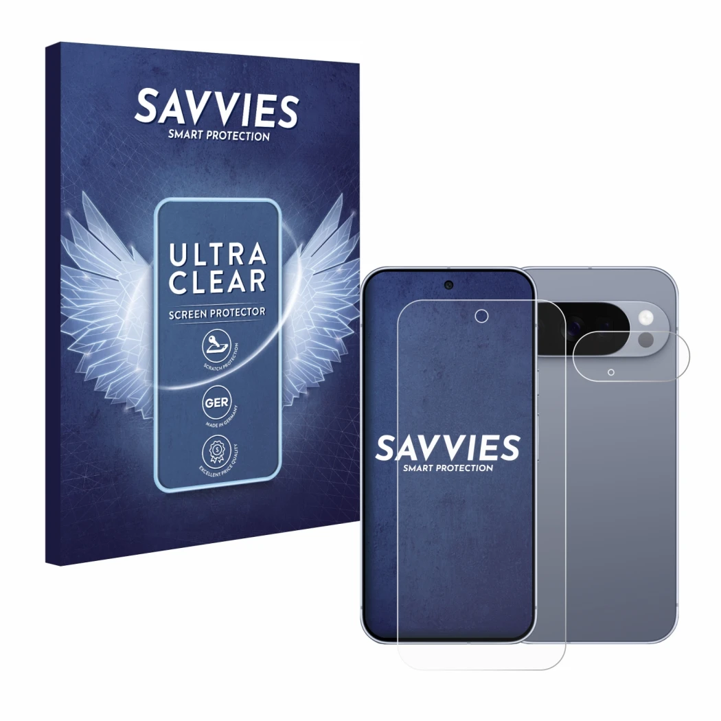 Parte frontal de un envase de producto con el logotipo de la marca Savvies. Al lado se muestra el dispositivo Google Pixel 10 