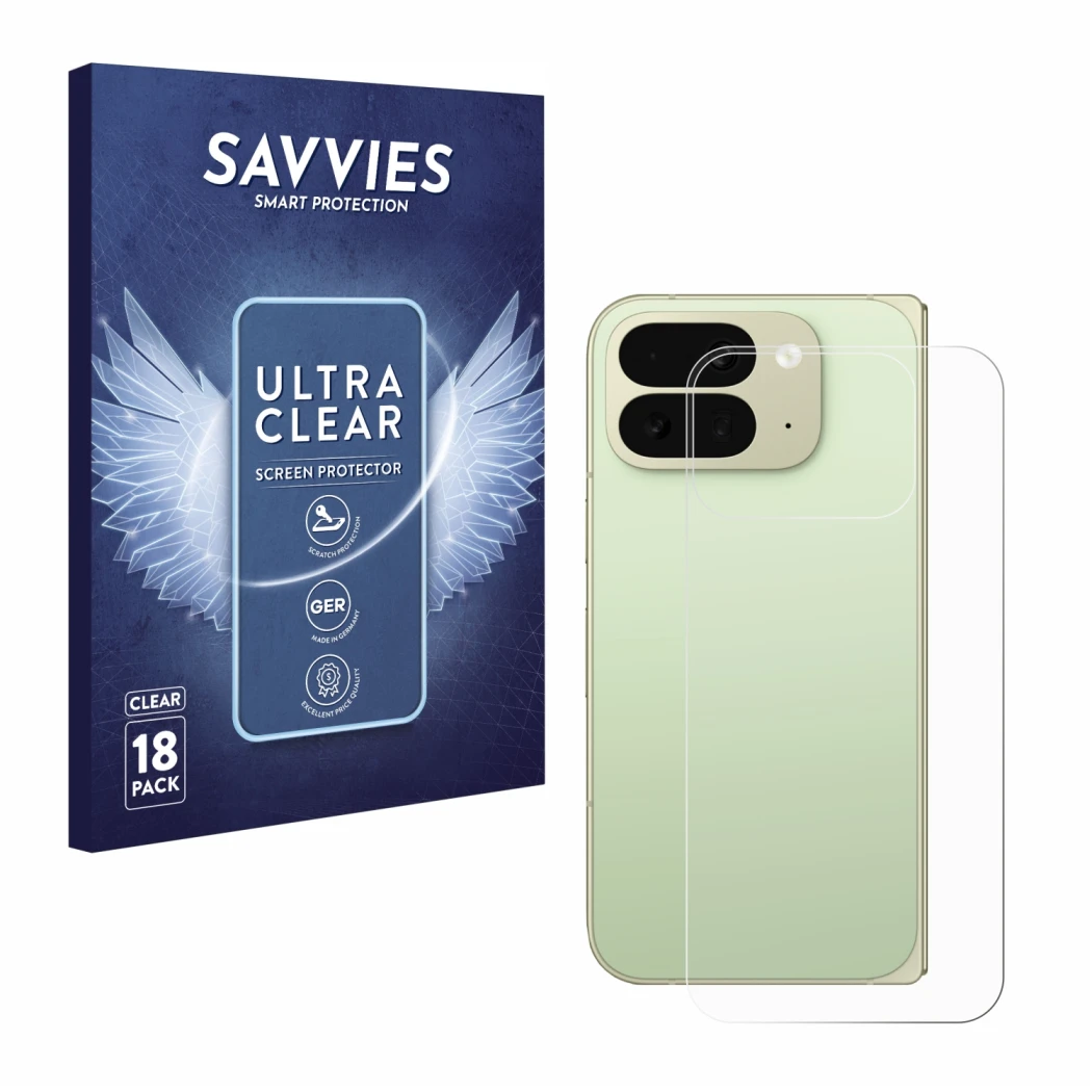 Parte frontal de un envase de producto con el logotipo de la marca Savvies. Al lado se muestra el dispositivo Google Pixel 10 