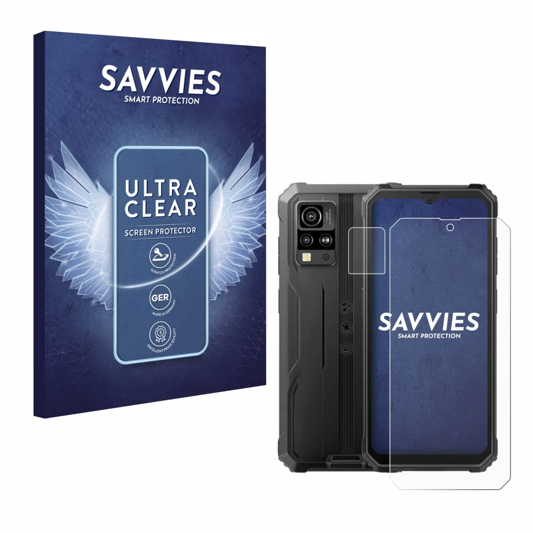 Parte frontal de un envase de producto con el logotipo de la marca Savvies. Al lado se muestra el dispositivo Blackview BV4800