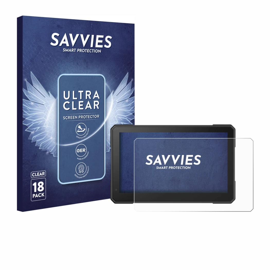 Parte frontal de un envase de producto con el logotipo de la marca Savvies. Al lado se muestra el dispositivo Interphone Sync 