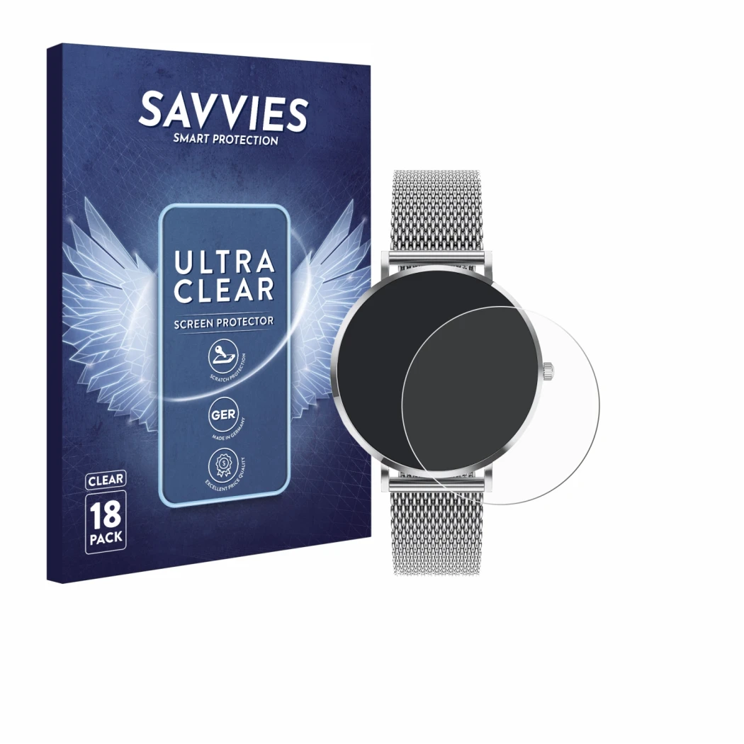 Parte frontal de un envase de producto con el logotipo de la marca Savvies. Al lado se muestra el dispositivo Pireware Amory 5