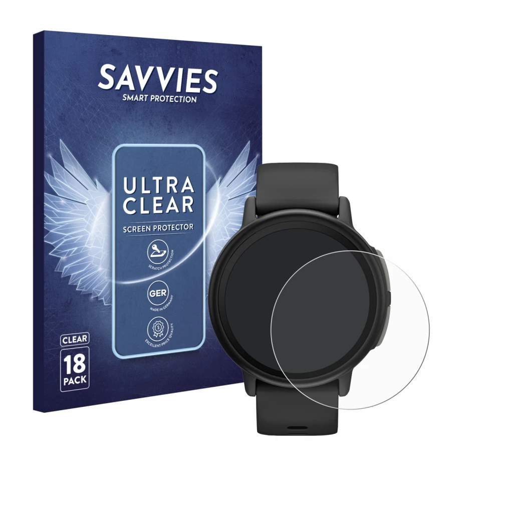 Parte frontal de un envase de producto con el logotipo de la marca Savvies. Al lado se muestra el dispositivo Garmin Bounce 2 