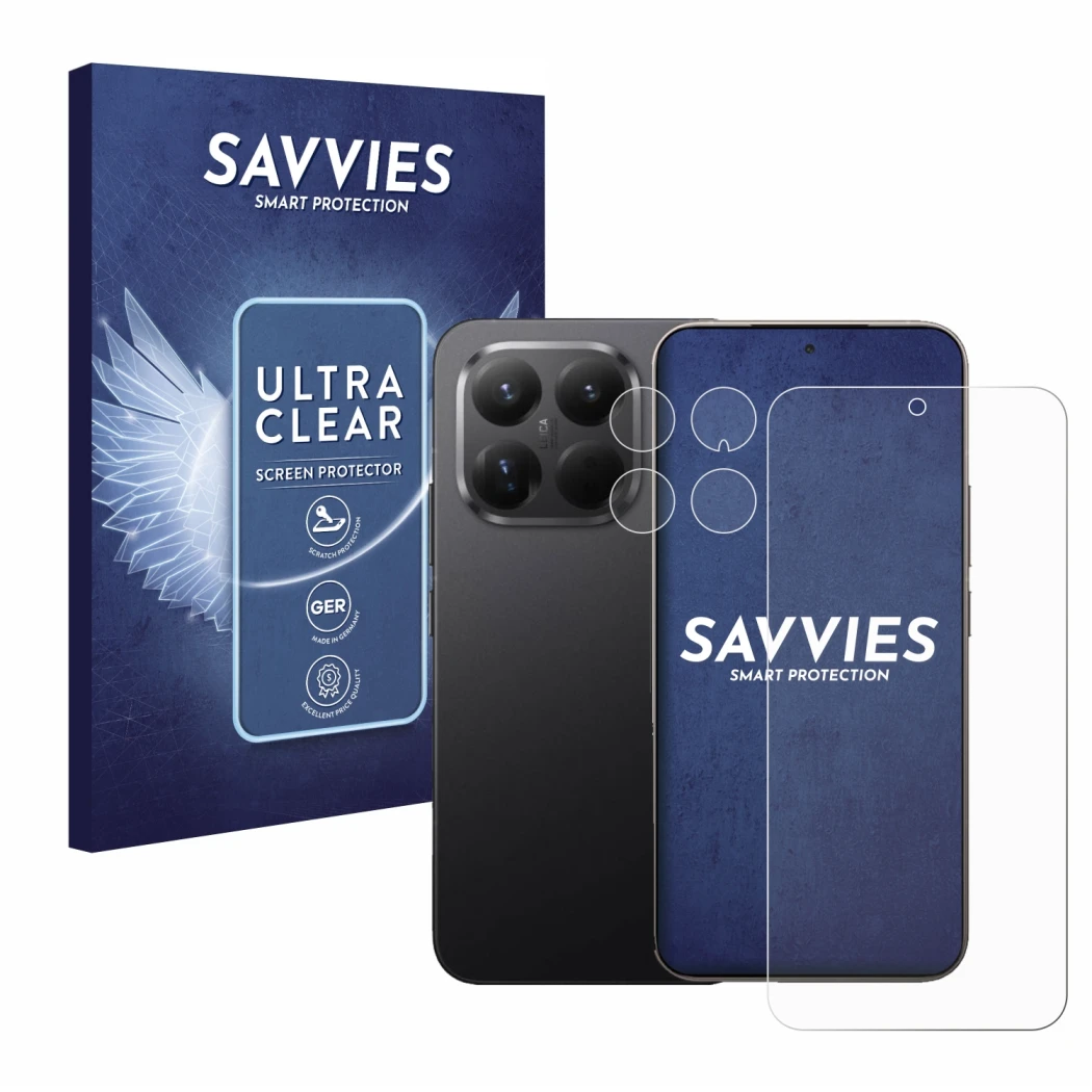 Parte frontal de un envase de producto con el logotipo de la marca Savvies. Al lado se muestra el dispositivo Xiaomi 15T Pro (