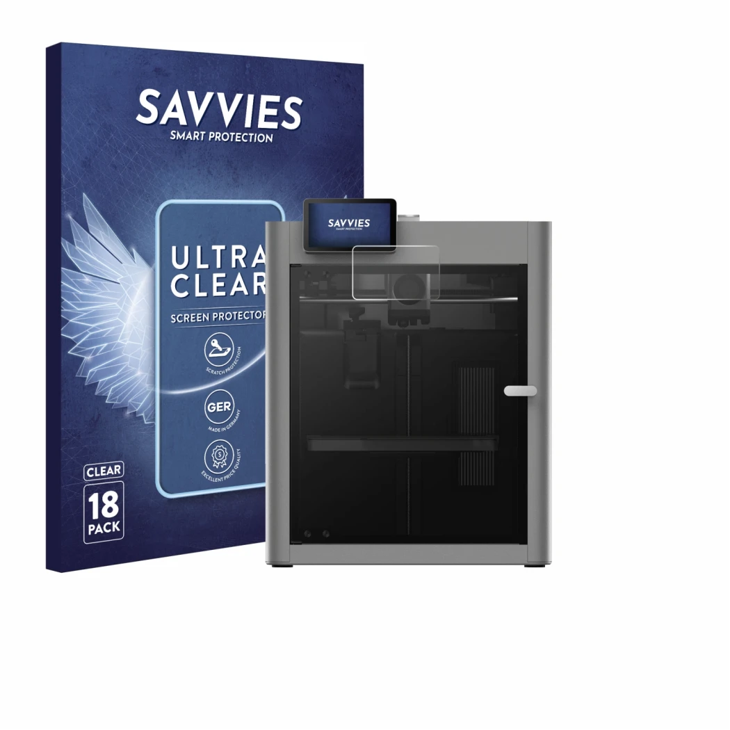 Parte frontal de un envase de producto con el logotipo de la marca Savvies. Al lado se muestra el dispositivo Bambu Lab P2S 3D