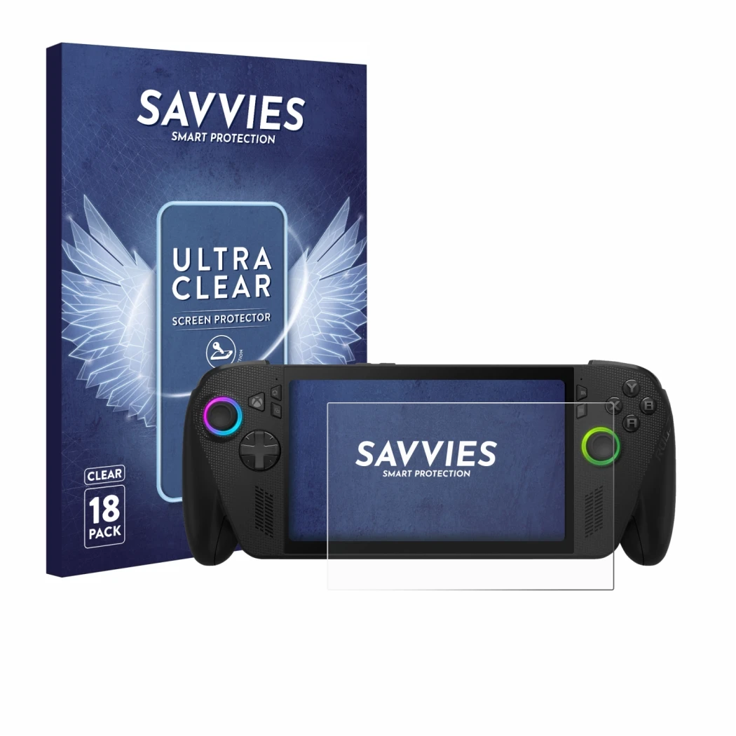 Parte frontal de un envase de producto con el logotipo de la marca Savvies. Al lado se muestra el dispositivo ASUS ROG Xbox Al