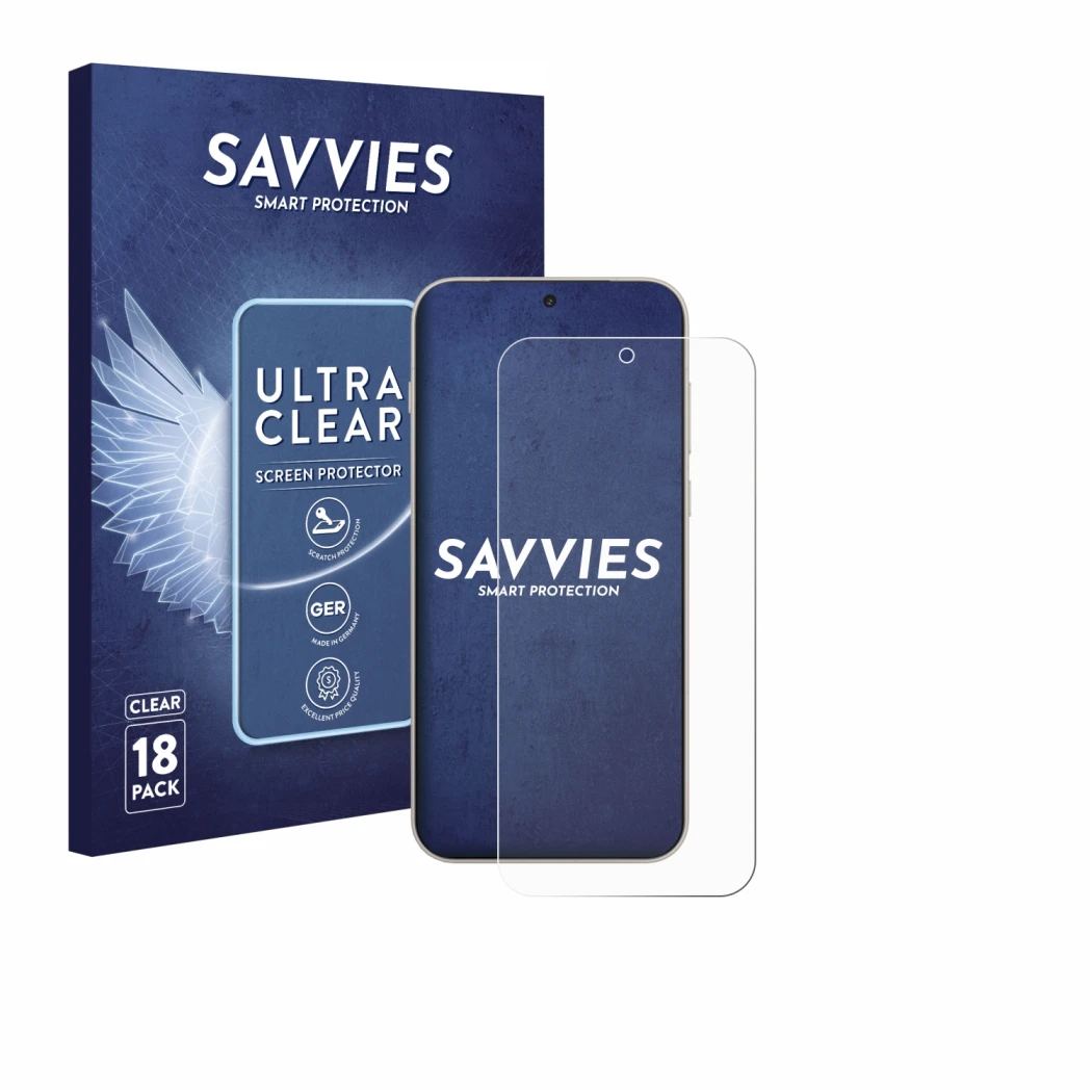 Parte frontal de un envase de producto con el logotipo de la marca Savvies. Al lado se muestra el dispositivo OnePlus 15 con s