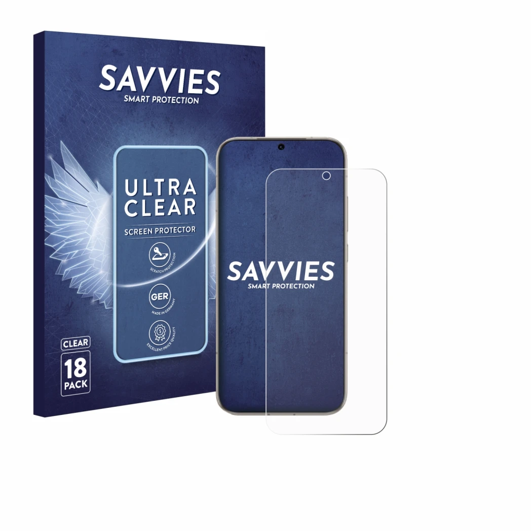 Parte frontal de un envase de producto con el logotipo de la marca Savvies. Al lado se muestra el dispositivo Honor Magic 8 co
