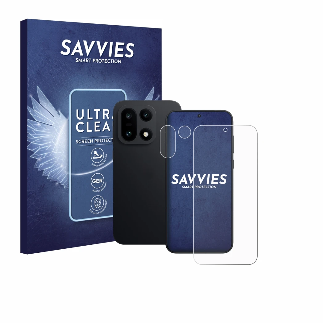 Parte frontal de un envase de producto con el logotipo de la marca Savvies. Al lado se muestra el dispositivo OnePlus 15 (Fron