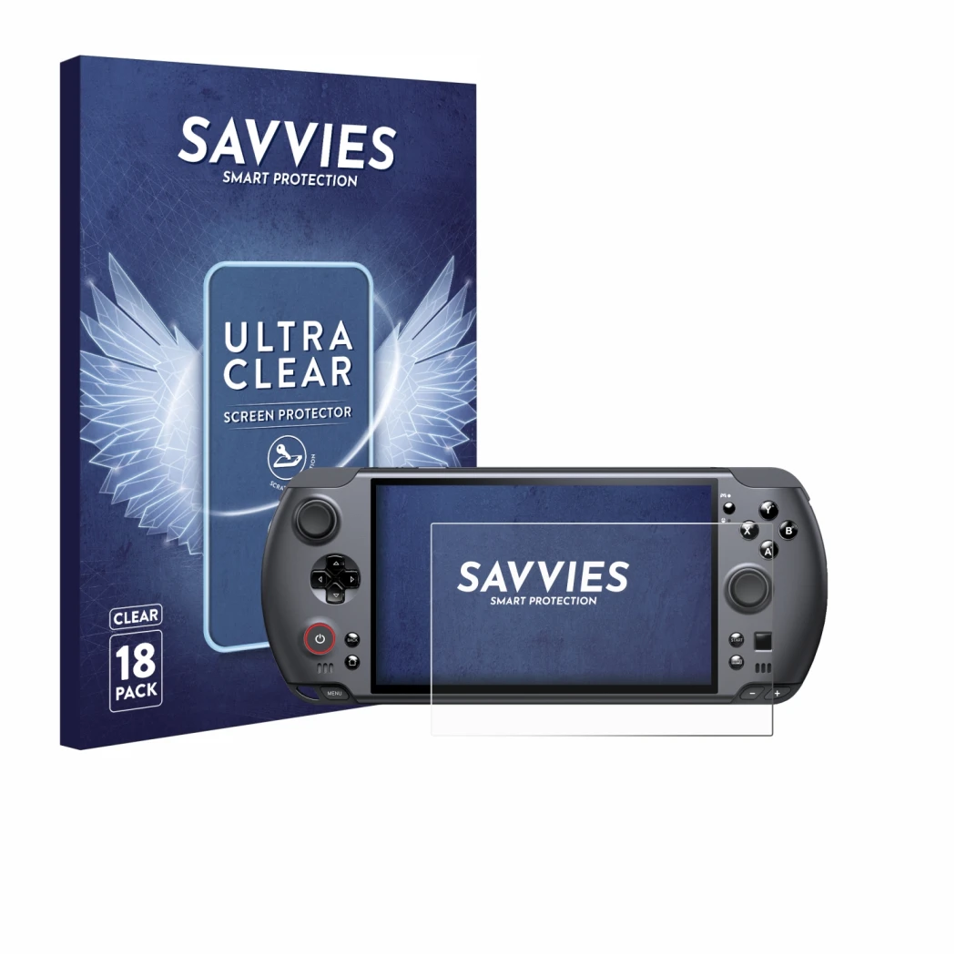 Parte frontal de un envase de producto con el logotipo de la marca Savvies. Al lado se muestra el dispositivo GPD Win 5 con su