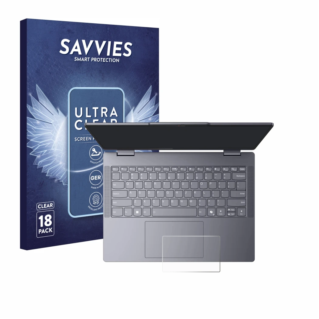 Parte frontal de un envase de producto con el logotipo de la marca Savvies. Al lado se muestra el dispositivo Lenovo IdeaPad 5