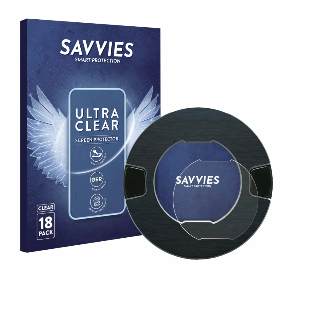 Parte frontal de un envase de producto con el logotipo de la marca Savvies. Al lado se muestra el dispositivo OOONO P-DISC NO1