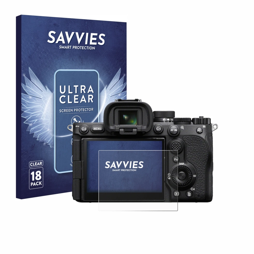 Parte frontal de un envase de producto con el logotipo de la marca Savvies. Al lado se muestra el dispositivo Sony Alpha 7 V (