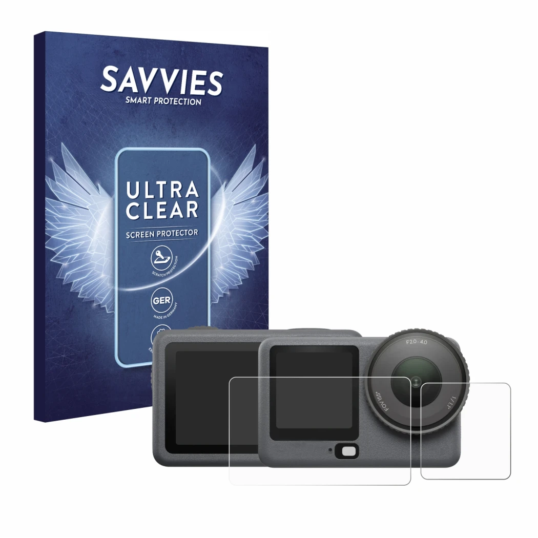 Parte frontal de un envase de producto con el logotipo de la marca Savvies. Al lado se muestra el dispositivo DJI Osmo Action 