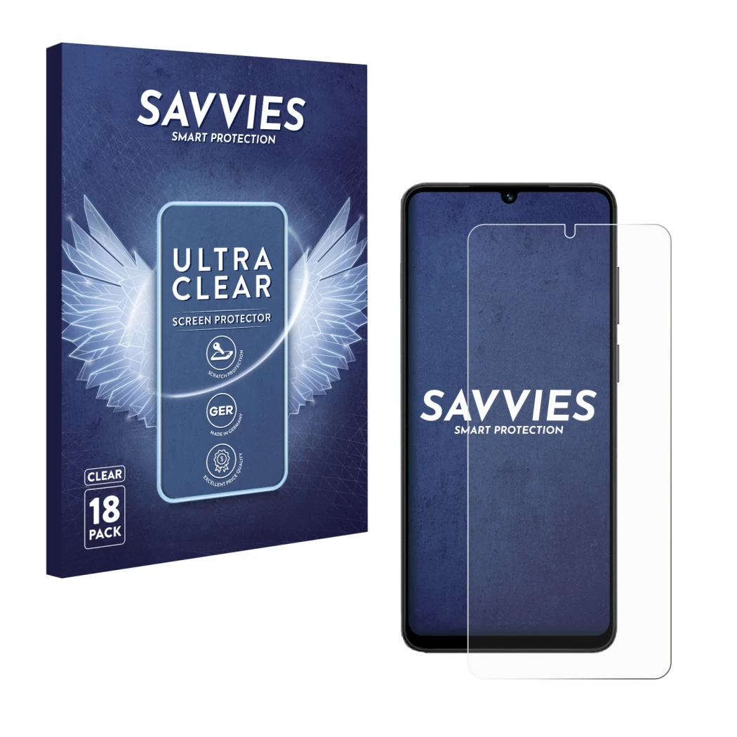 Parte frontal de un envase de producto con el logotipo de la marca Savvies. Al lado se muestra el dispositivo Honor X5c Plus c