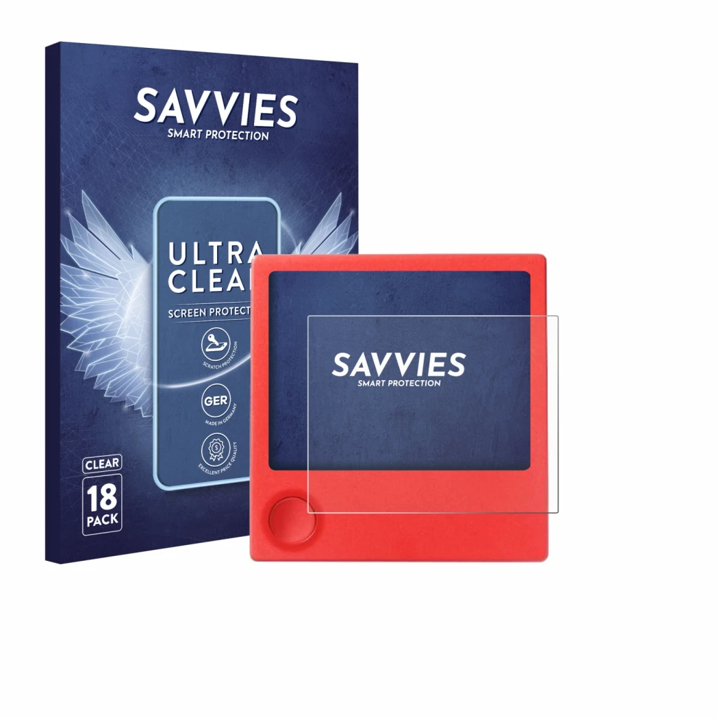 Parte frontal de un envase de producto con el logotipo de la marca Savvies. Al lado se muestra el dispositivo PicPak E-Ink Dis