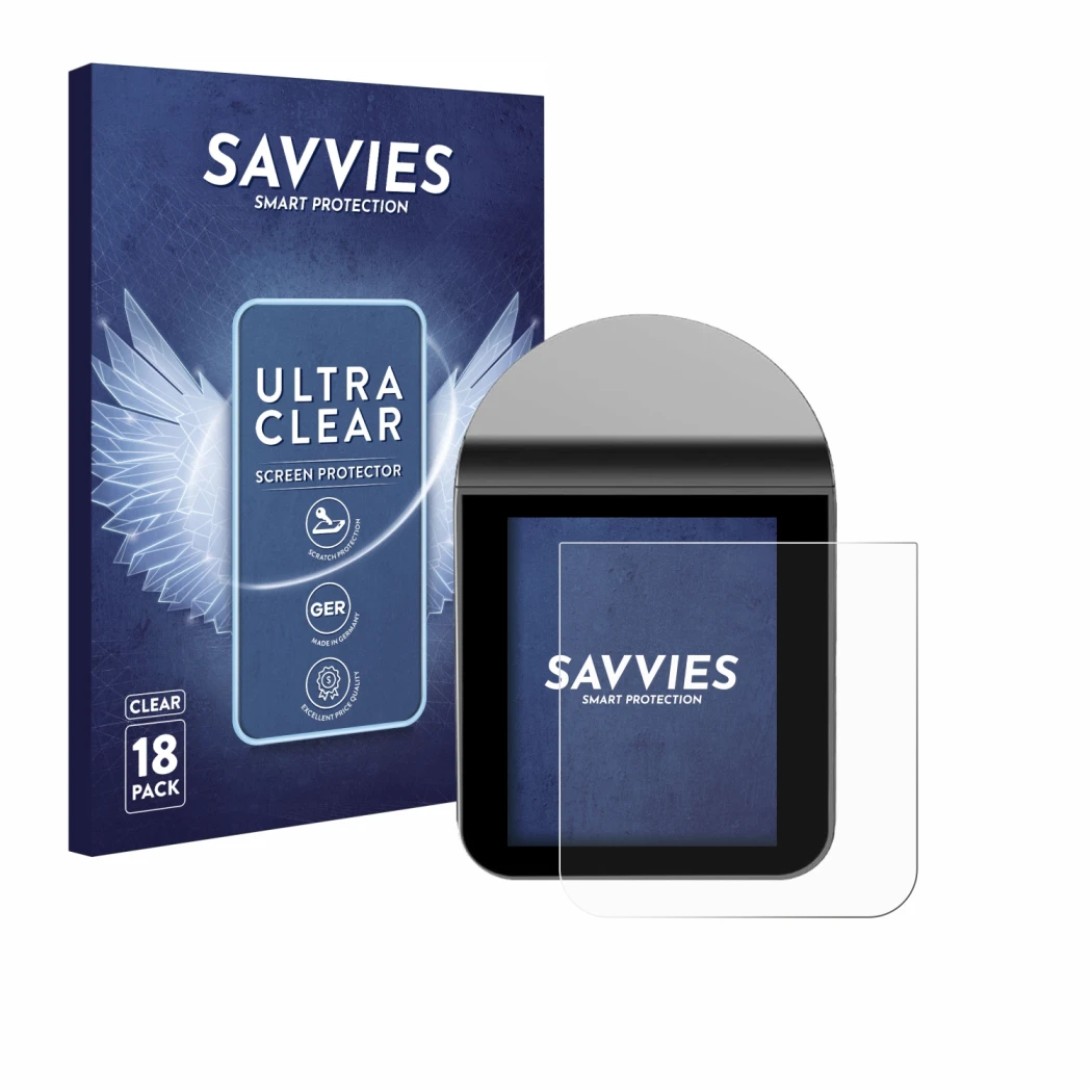 Parte frontal de un envase de producto con el logotipo de la marca Savvies. Al lado se muestra el dispositivo KitchenBoss G330