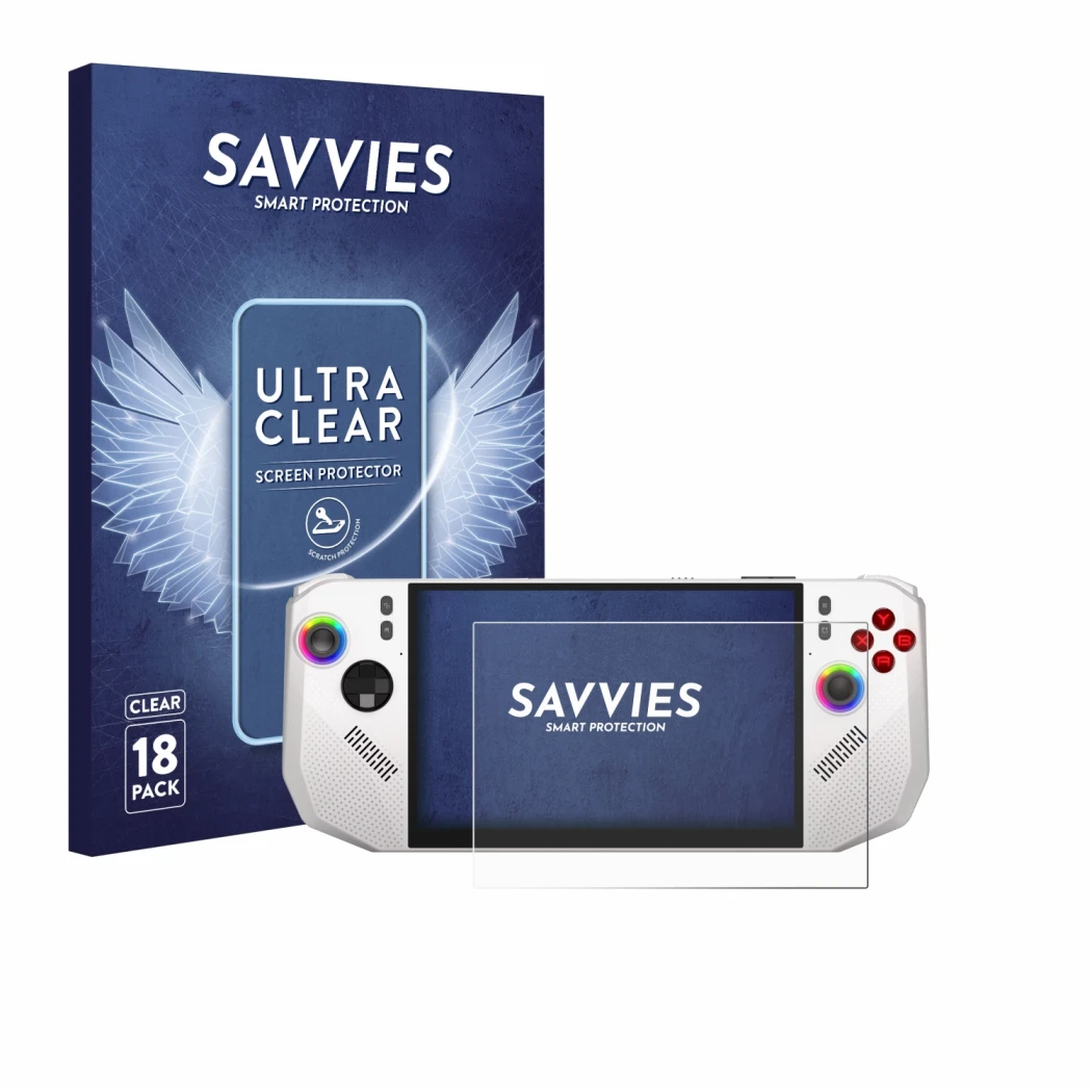 Parte frontal de un envase de producto con el logotipo de la marca Savvies. Al lado se muestra el dispositivo MSI Claw A8 BZ2E