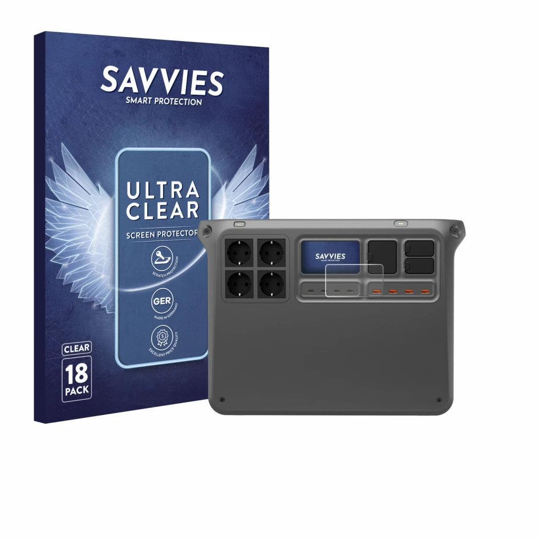 Parte frontal de un envase de producto con el logotipo de la marca Savvies. Al lado se muestra el dispositivo DJI Power 2000 c